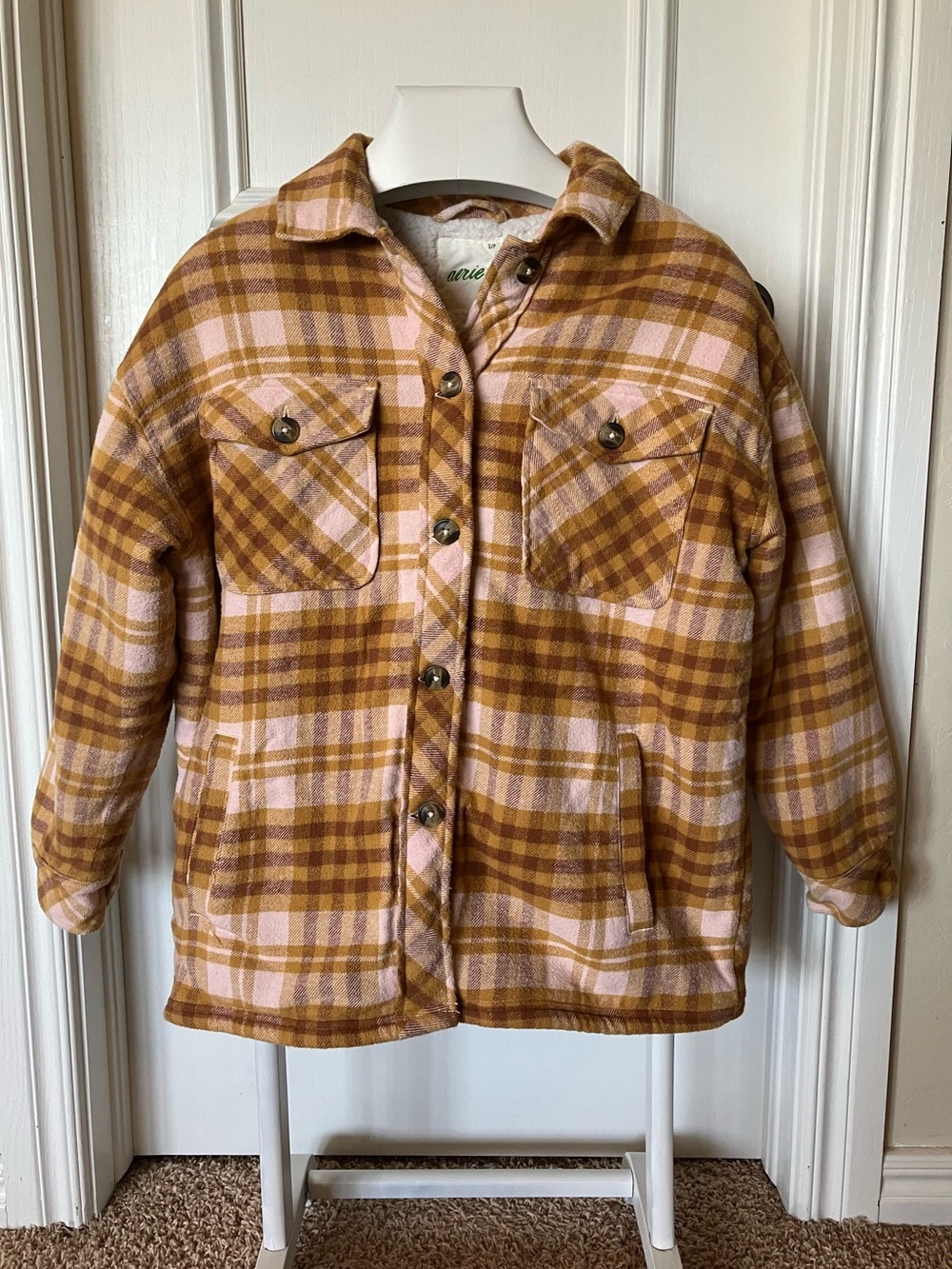Aerie Women’s Size Small Oversized Lined Sherpa Shacket Shirt Plaid Neutral